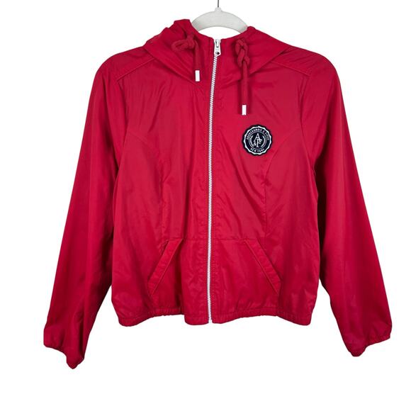 Abercrombie & Fitch Red Hooded Lined Full Zip Cropped Lightweight Jacket Size L - Picture 1 of 9